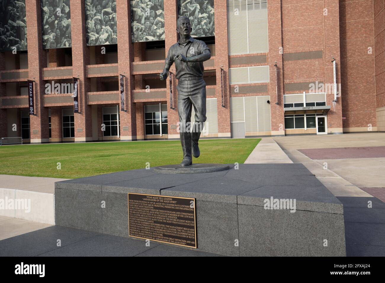 A general view of the Texas Aggie Yell Leaders Ambassadors of Aggie Spirit Monument at Kyle Field, Wednesday, May 26 2021, in College Station, Tex. Th Stock Photo