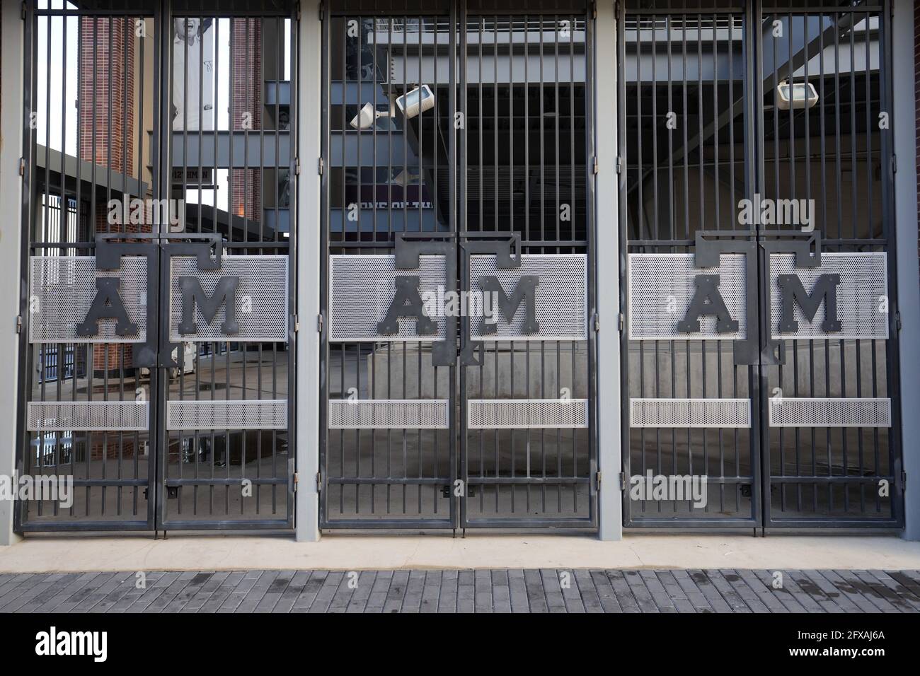 A general view of entrance gates with the Texas A&M Aggies logo at Kyle Field, Wednesday, May 26 2021, in College Station, Tex. Stock Photo