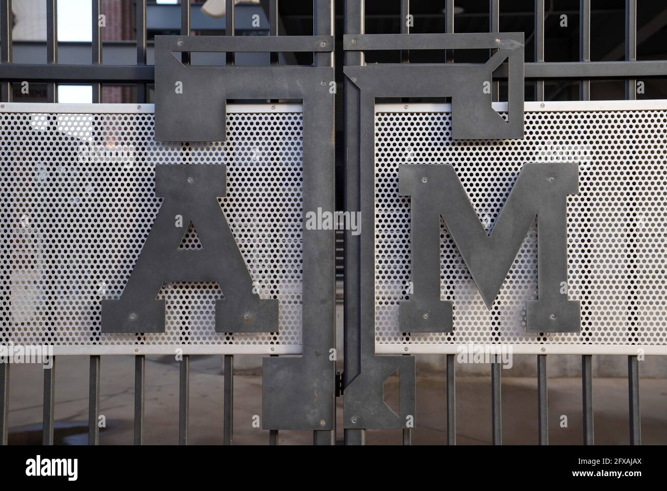 A general view of entrance gates with the Texas A&M Aggies logo at Kyle Field, Wednesday, May 26 2021, in College Station, Tex. Stock Photo