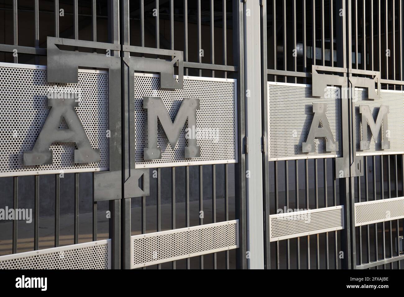 A general view of entrance gates with the Texas A&M Aggies logo at Kyle Field, Wednesday, May 26 2021, in College Station, Tex. Stock Photo