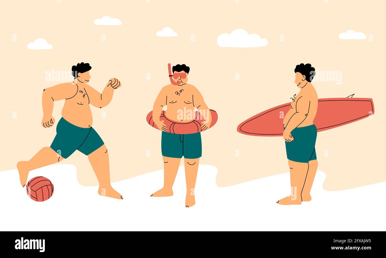 Beach sports. Happy plump or fat man in a swimsuit. Active body positive concept. Surfing, snorkeling, beach soccer or volleyball. Funny vector trend Stock Vector