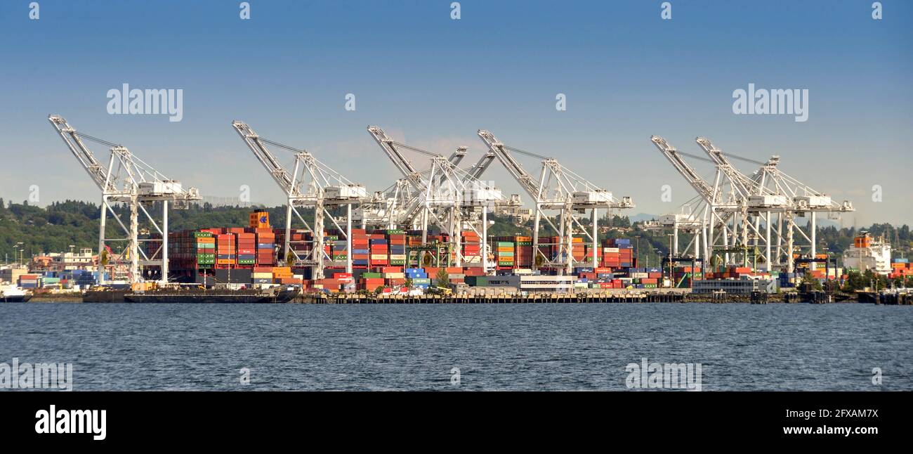 Seattle, Washington State, USA - June 2018: Wide angle view of the container port in Seattle, WA, United States. Stock Photo