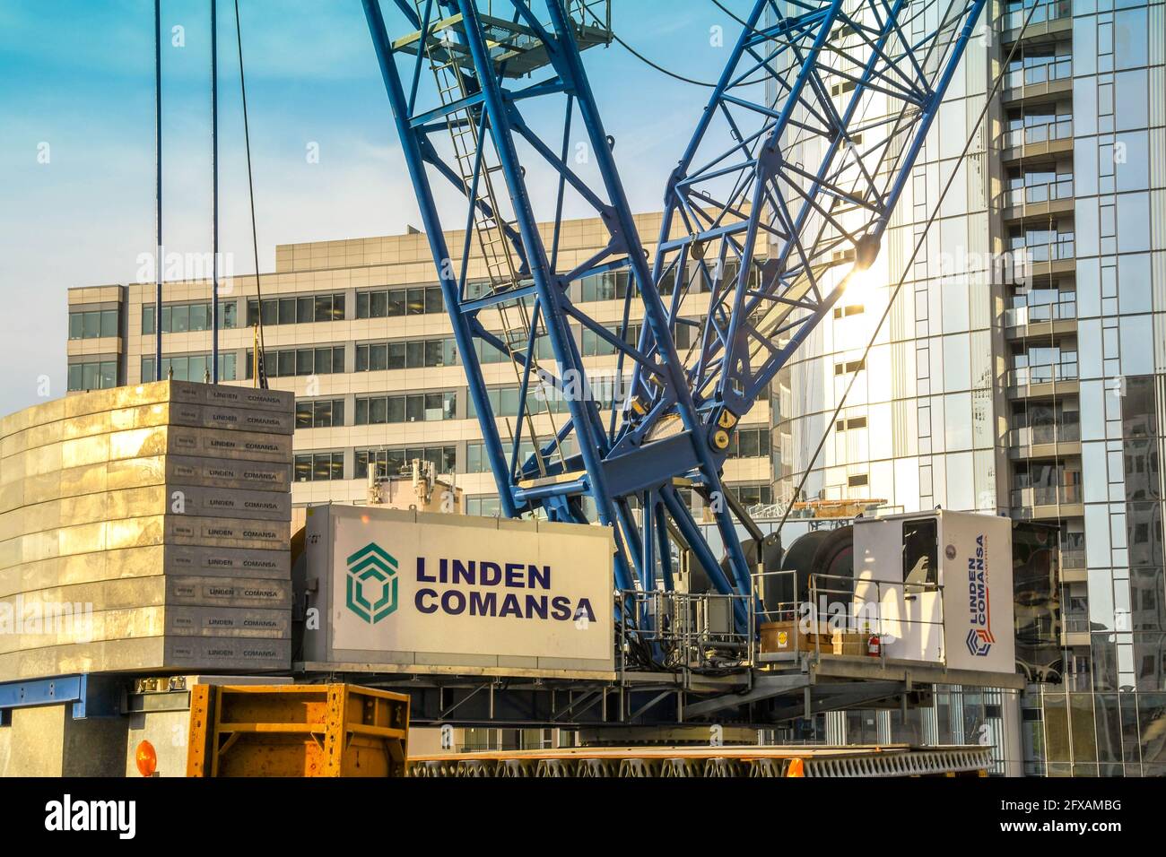 Seattle, Washington State, USA - June 2018: Close up view of the bottom of a giant tower cranes working on a major new development in downtown Seattle Stock Photo