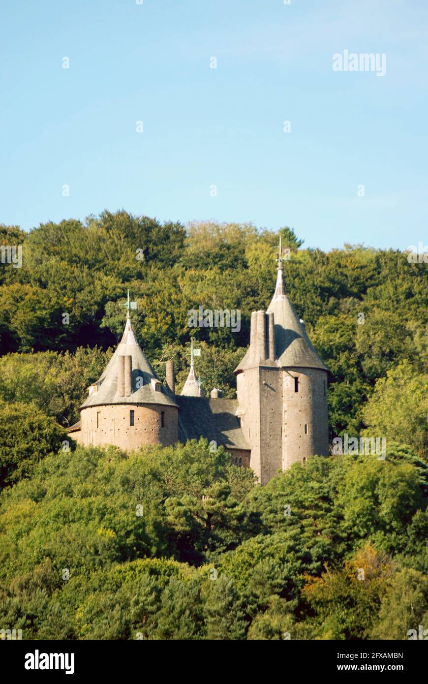 Cardiff, Wales - August 2017: Towers of Castell Coch 'The Red Castle' which stands on the side of a mountain on the outskirts of Cardiff Stock Photo