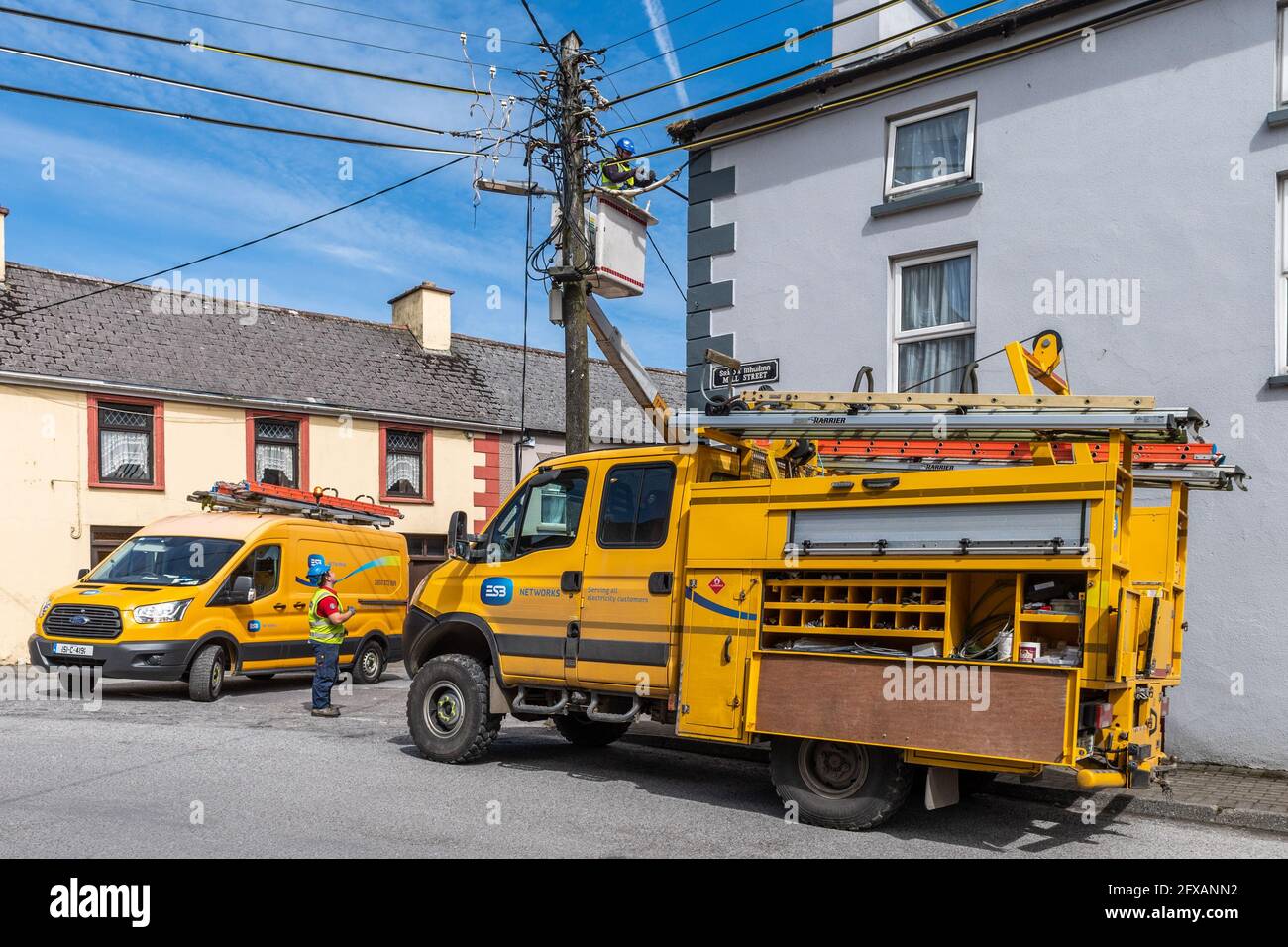 ESB Networks, Ireland, repairing downed electricity cables in Timoleague, West Cork, Ireland. Stock Photo