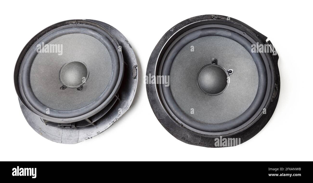 barbering omhyggeligt barrikade Pair of speakers of an acoustic system - an audio for playing music in a  car interior on a white isolated background in a photo studio. Spare parts  fo Stock Photo - Alamy