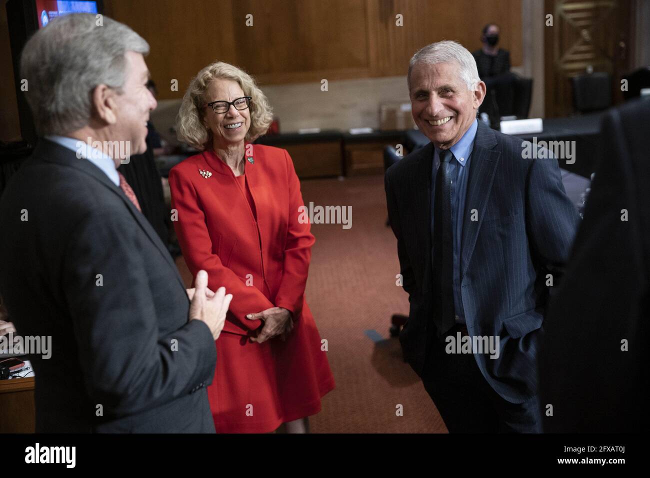 Washington, United States. 26th May, 2021. From left: Senator Roy Blunt (R-MO), Dr. Diana Bianchi, director of the Eunice Kennedy Shriver National Institute of Child Health and Human Development, and Dr. Anthony Fauci, director of the National Institute of Allergy and Infectious Diseases, talk after a Senate Appropriations Labor, Health and Human Services Subcommittee hearing on Capitol Hill in Washington, DC on Wednesday, May 26, 2021. Photo by Sarah Silbiger/UPI Credit: UPI/Alamy Live News Stock Photo
