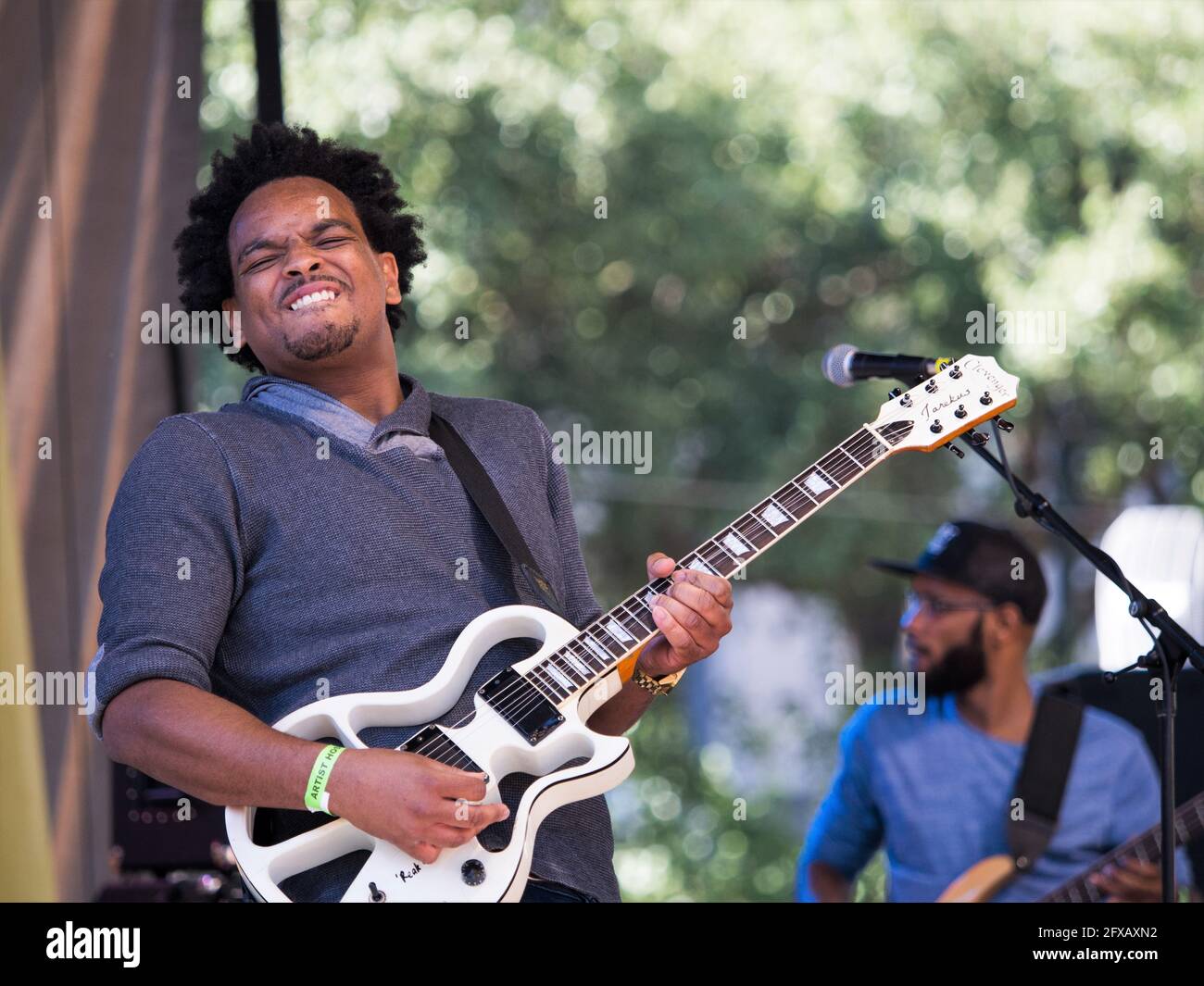 NEW ORLEANS, LA, USA - OCTOBER 18, 2015: Jarekus Singleton plays the blues with feeling at the Crescent City Blues and Barbecue Festival Stock Photo