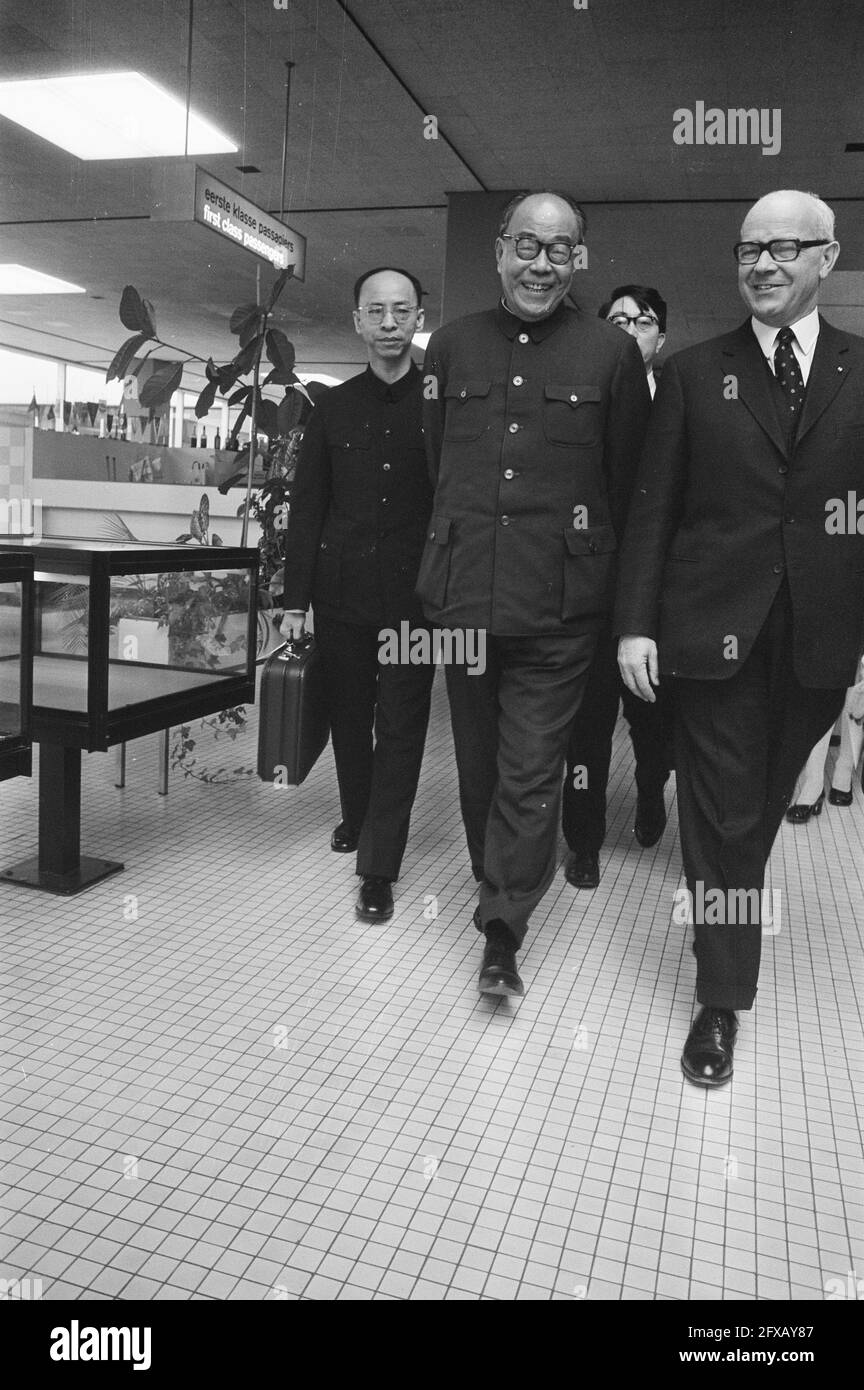 First Ambassador of the People's Republic of China to the Netherlands arrives at Schiphol Airport, from left to right Chargé d'Affaires Lie, Hao Te Ching and Mr. Van, November 2, 1972, arrivals, ambassadors, The Netherlands, 20th century press agency photo, news to remember, documentary, historic photography 1945-1990, visual stories, human history of the Twentieth Century, capturing moments in time Stock Photo