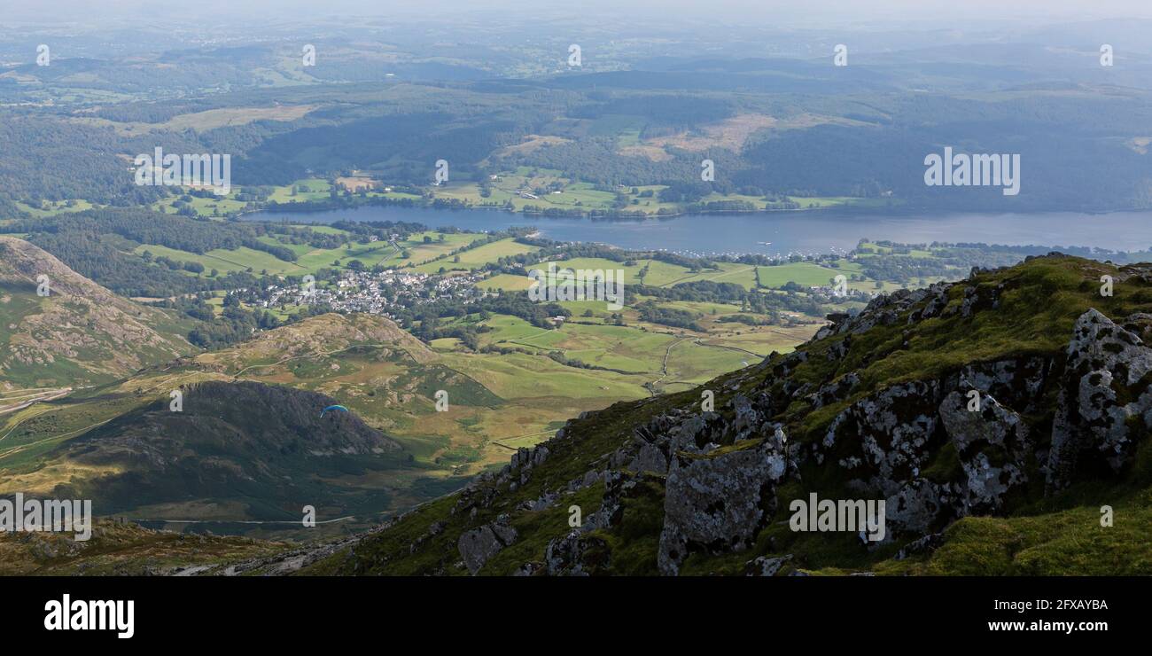 View of Coniston Water in Cumbria, England. The body of water is in the Lake District National Park. Stock Photo