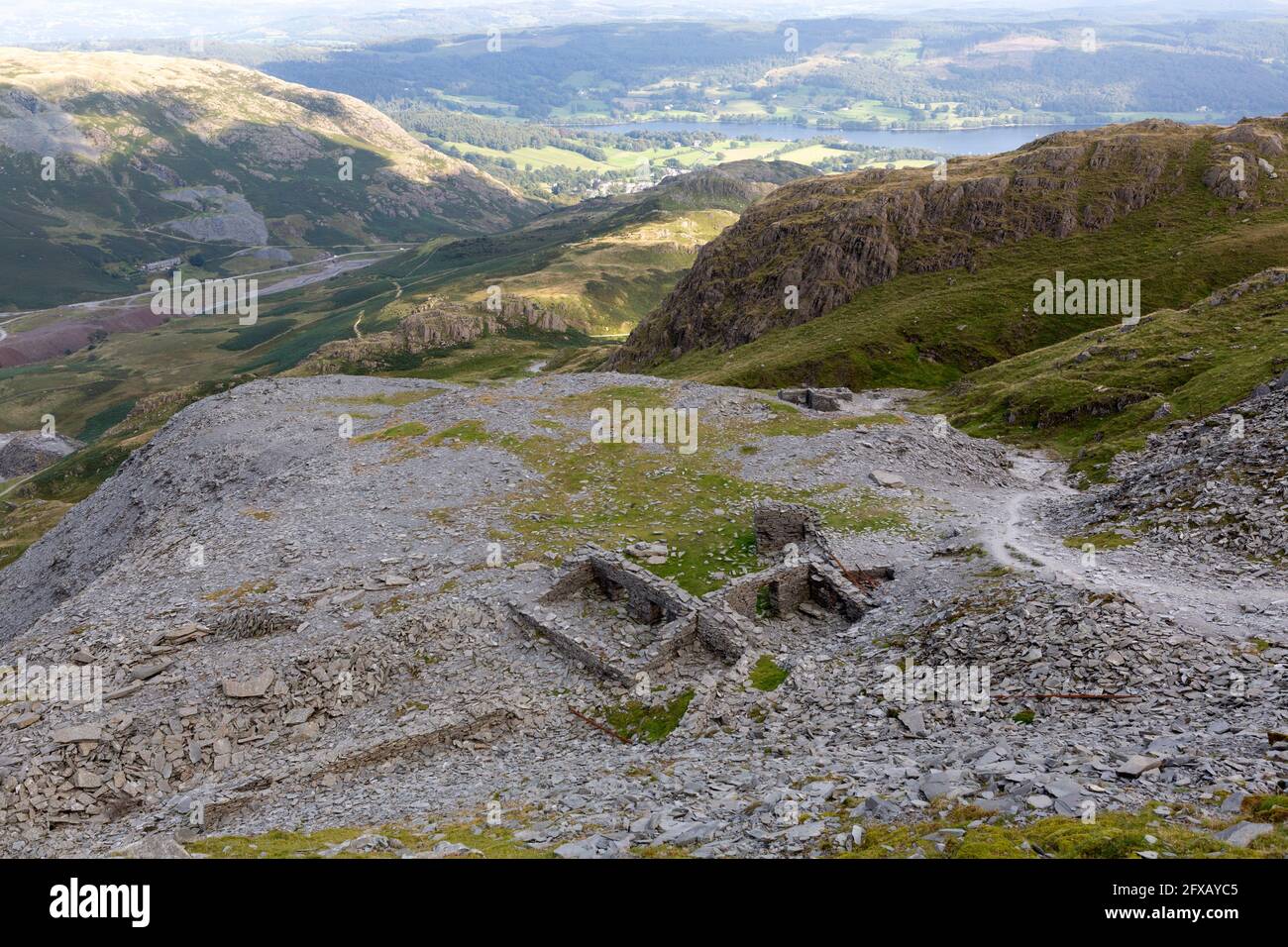 Remains of slate mine workings on the Old Man of Coniston in Cumbria, England. Stock Photo