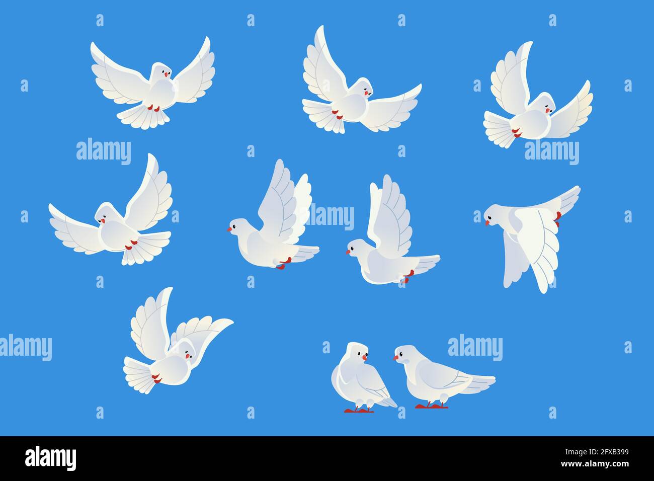 White doves. Beautiful pigeons faith and love symbol. Cartoon style. Isolated on blue background. Vector illustration. Stock Vector
