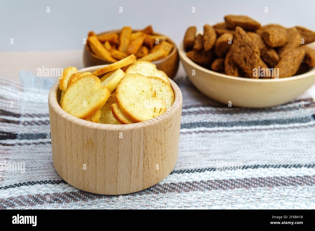 Pile of homemade rye bread croutons. the use of bread food with no