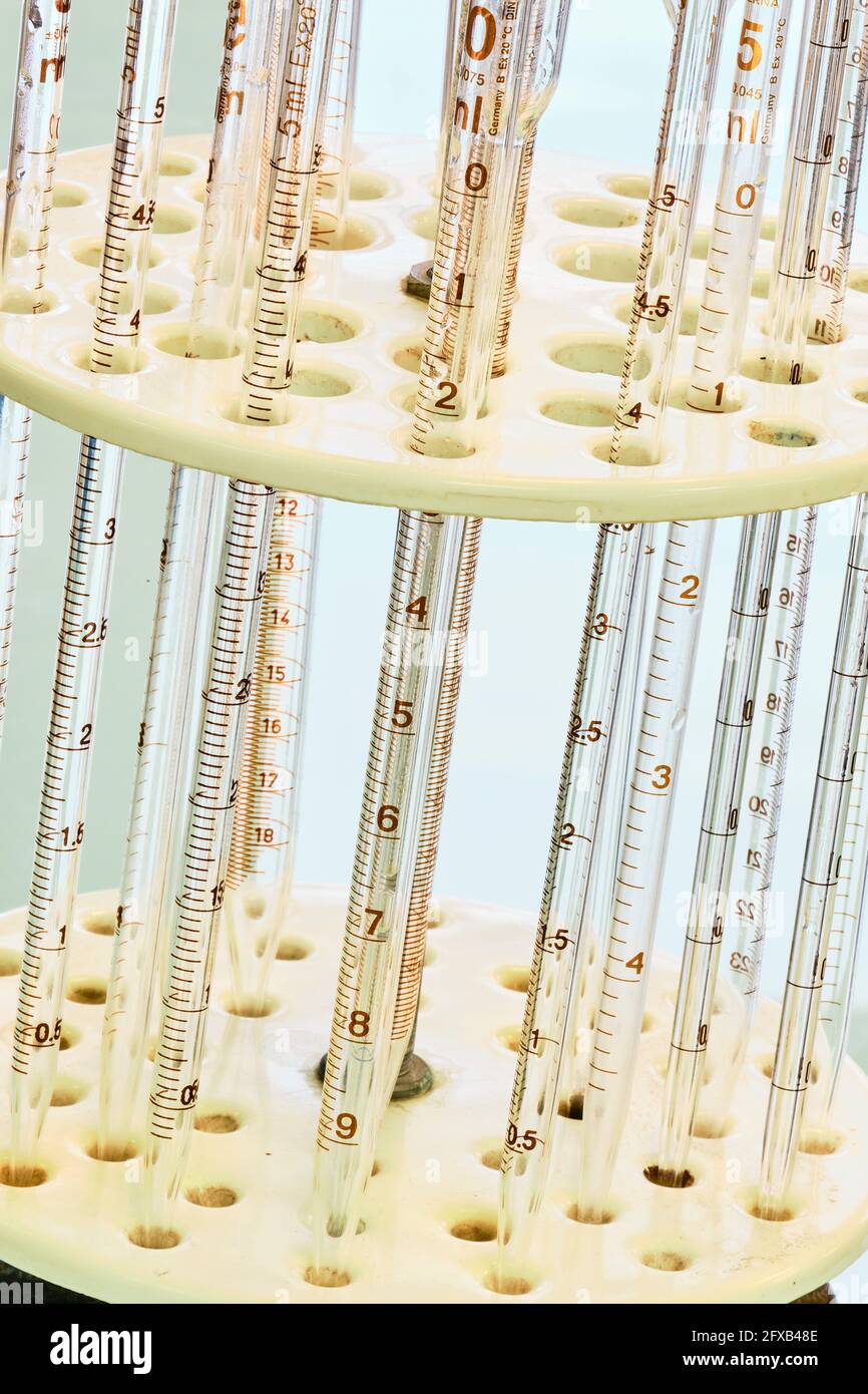 Volumetric pipettes in a laboratory. Basque Country, Spain, Europe