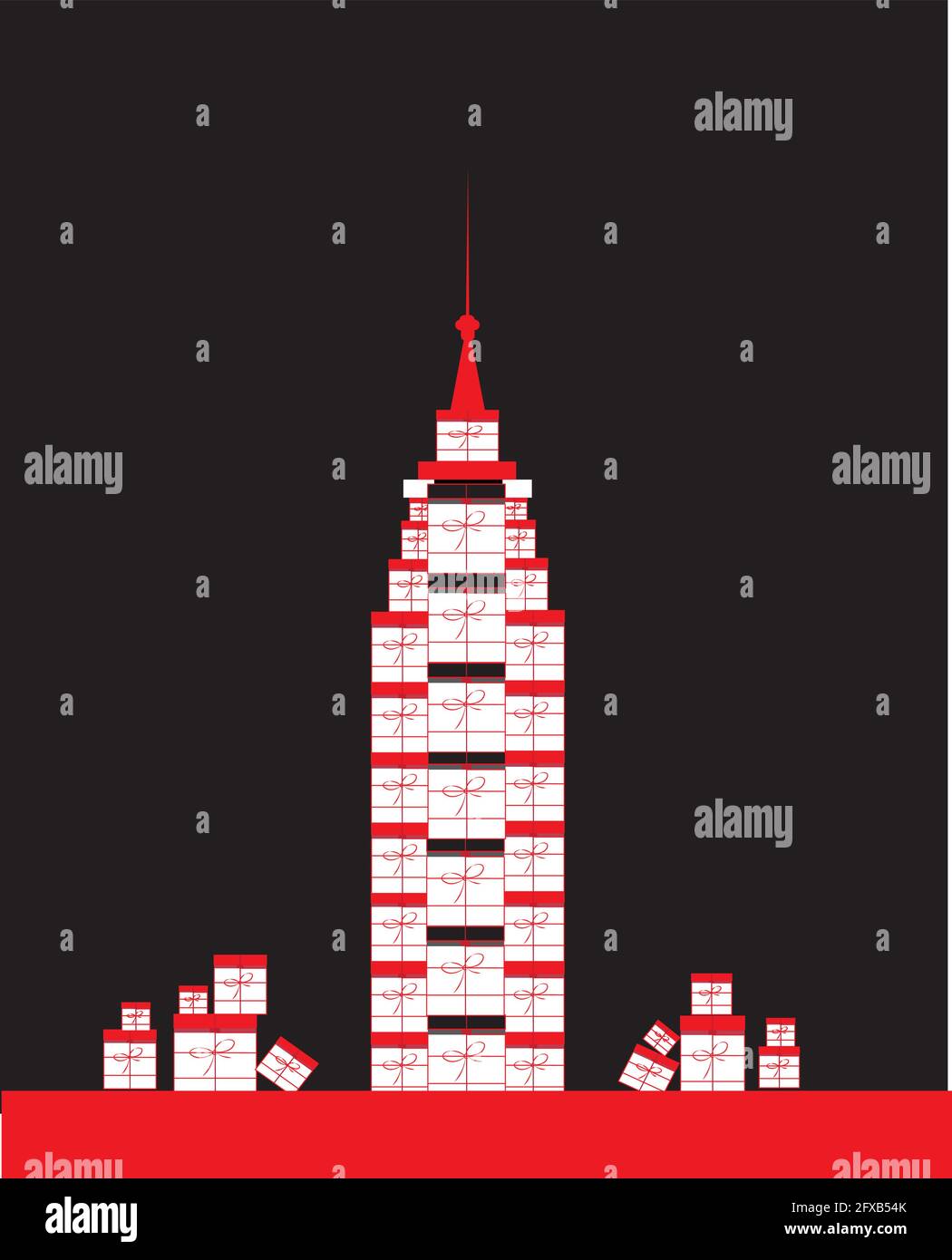 illustration of Chrysler building made out of gifts boxes on a black