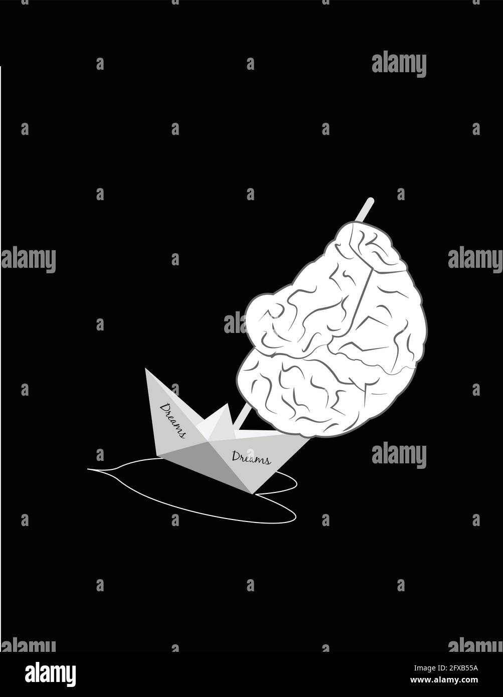 illustration of a boat with waves as heart and a brain to sail away during the night, isolated on a black background Stock Vector