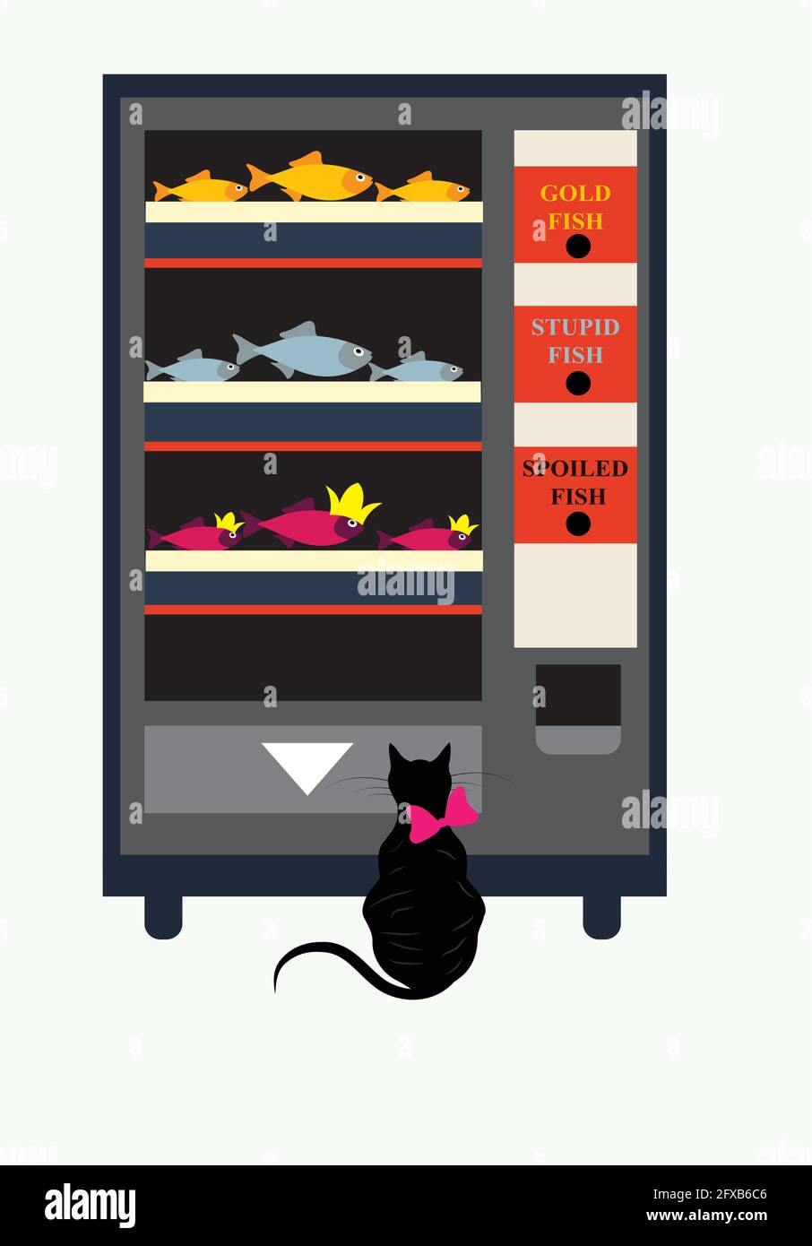 illustration of a cat at a vending machine trying to choose between 3 types of fish, humorous concept Stock Vector