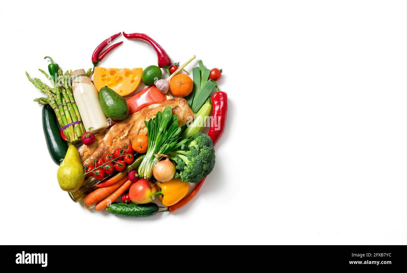 Shopping bag made from different fruits and vegetables. Top view. Stock Photo