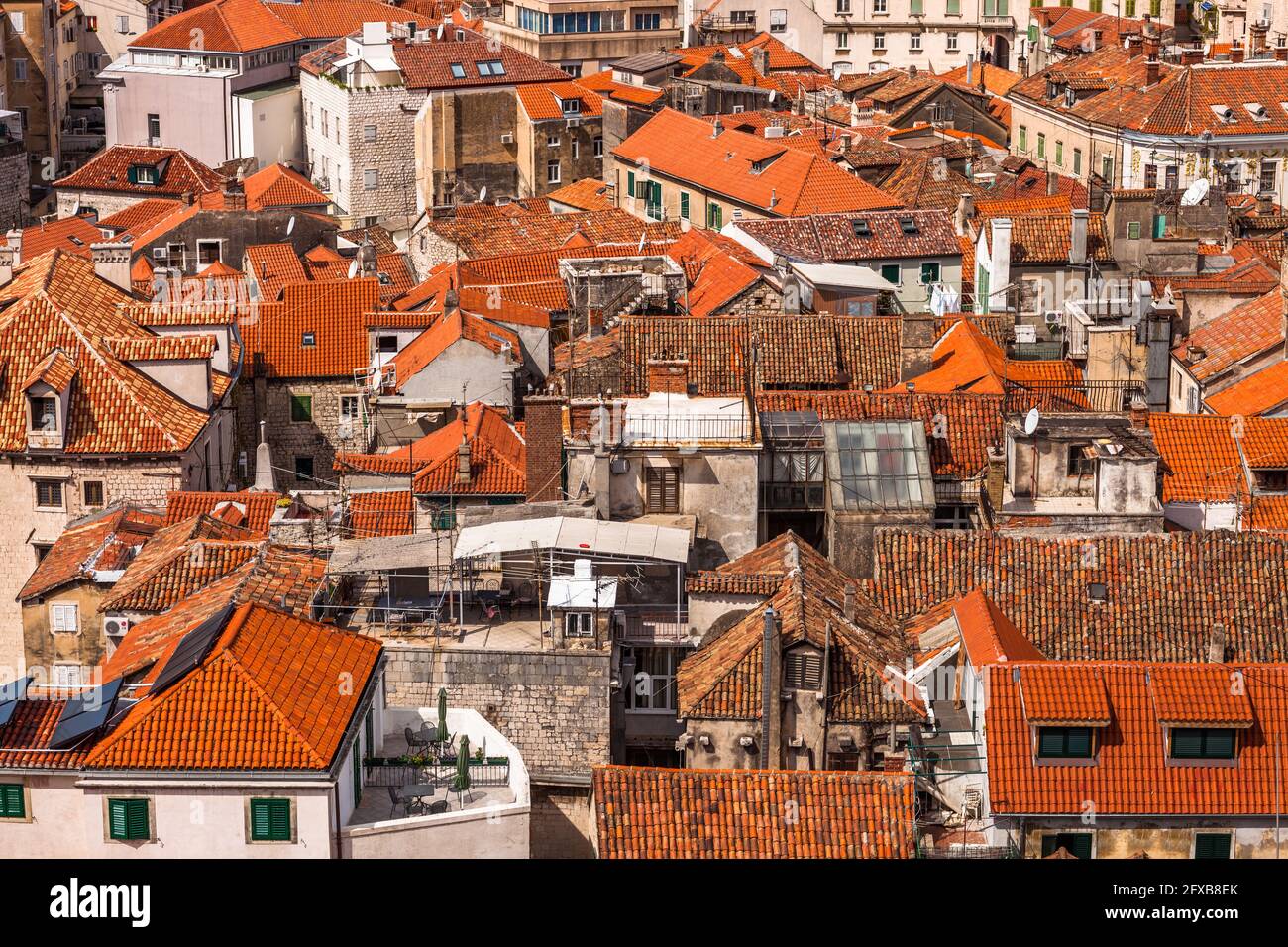 Red tiled neighborhood in the old town section of Split, Croatia, as seen from atop the bell tower of the Cathedral of Saint Domnius. Croatia Stock Photo