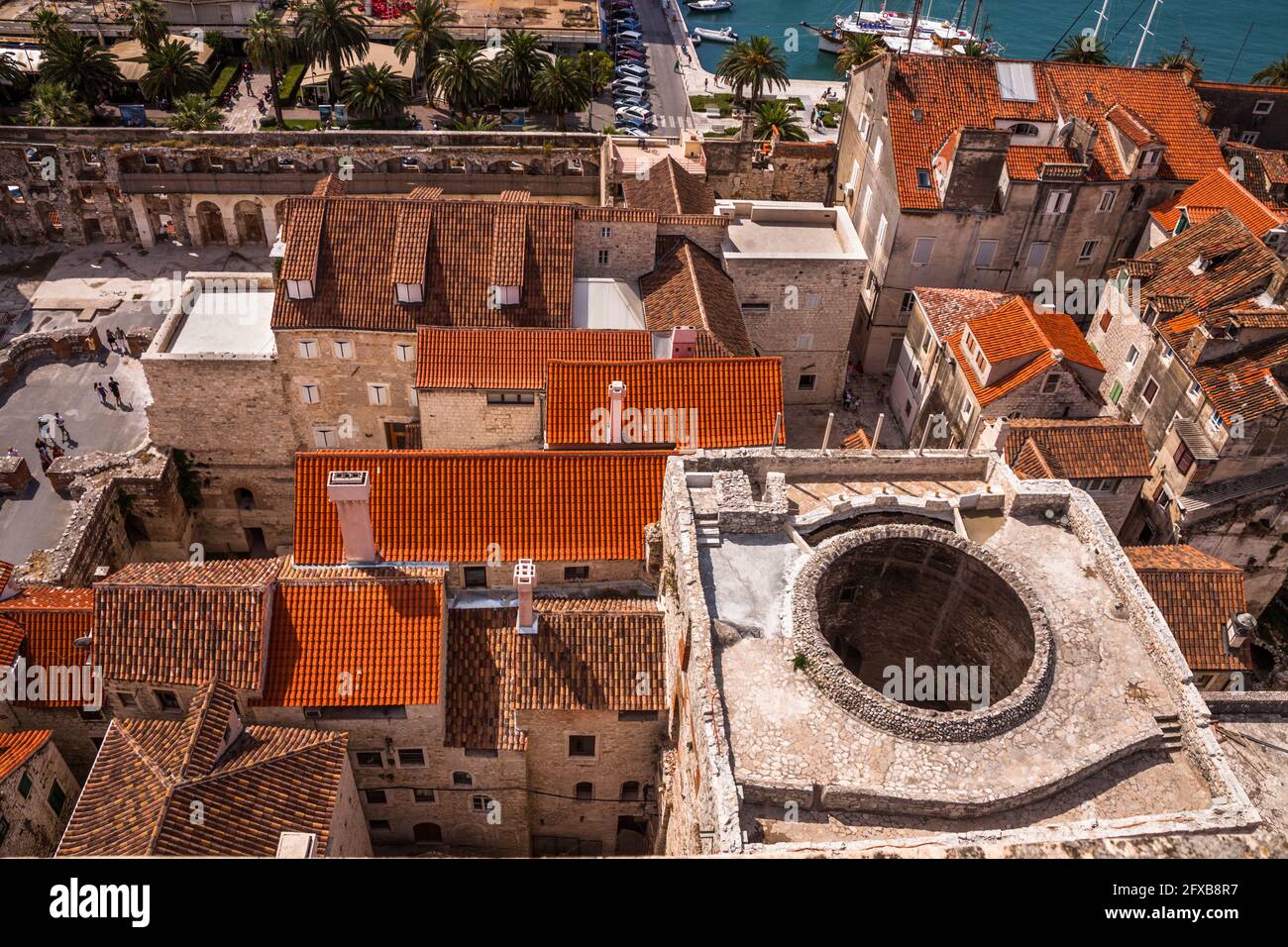 The Diocletian Palace in old town Split as seen from atop the bell tower of the Cathedral of Saint Domnius. Croatia Stock Photo