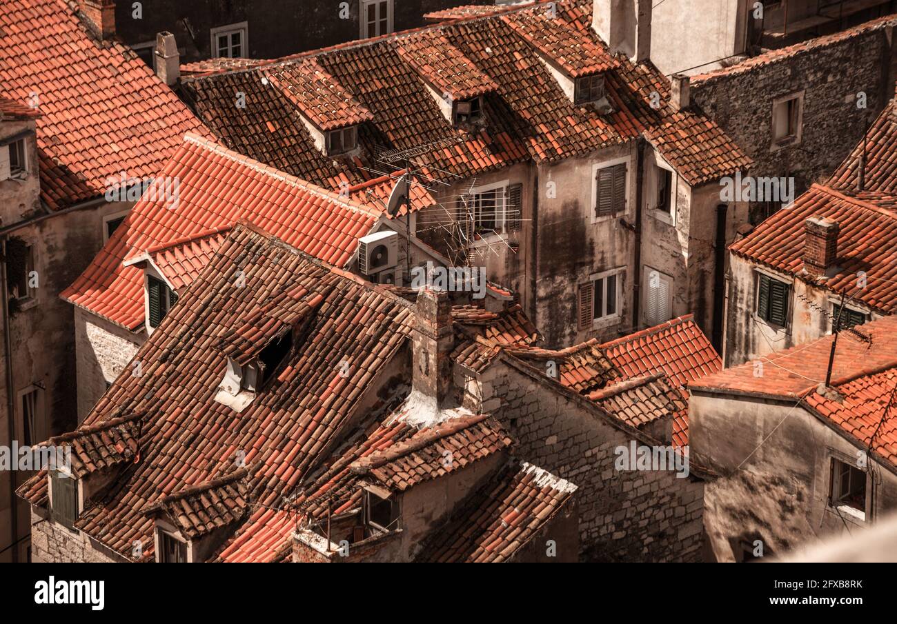 Red tiled neighborhood in the old town section of Split, Croatia, as seen from atop the bell tower of the Cathedral of Saint Domnius. Croatia Stock Photo