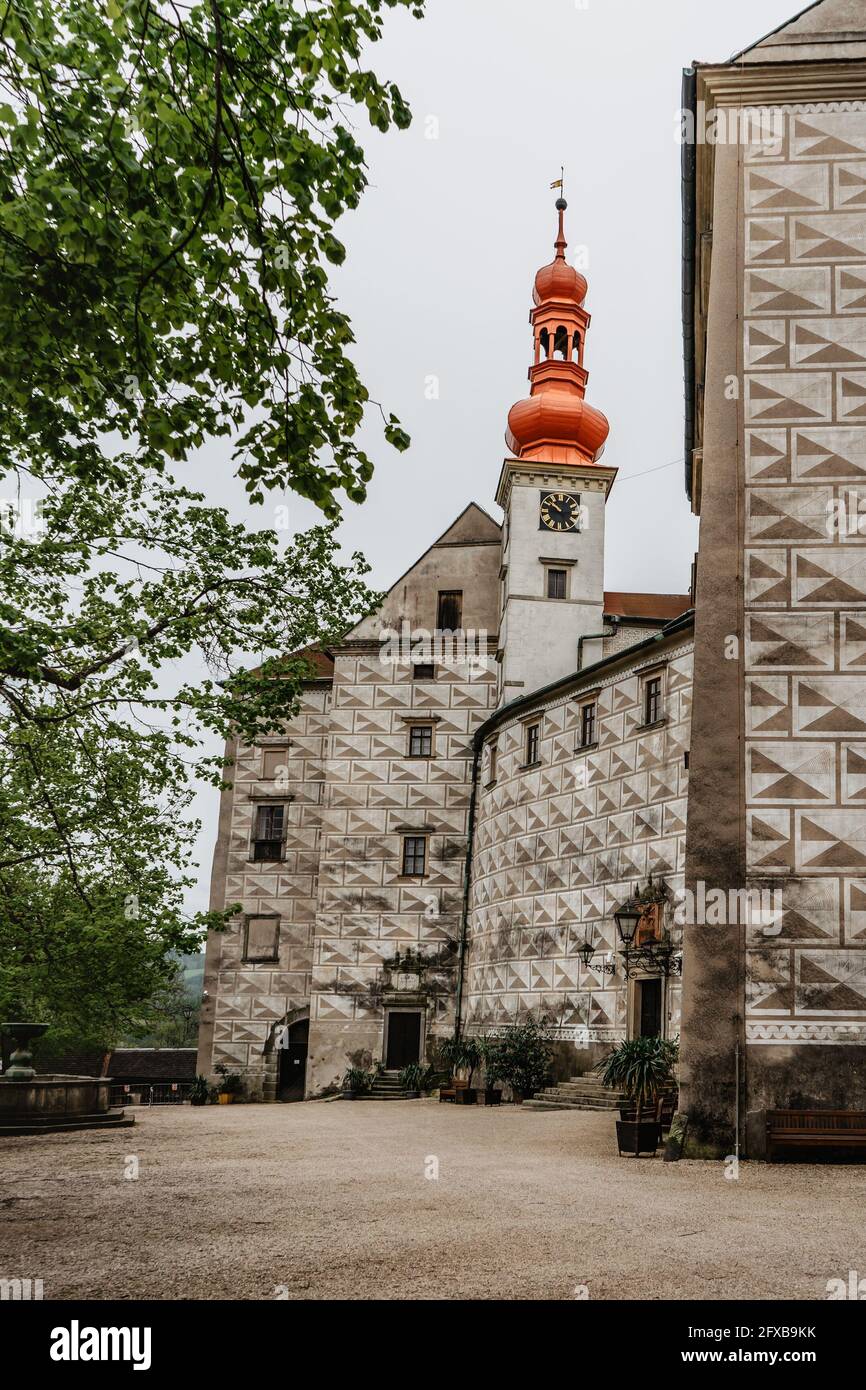 Nachod,Czech Republic- May 23,2021. Beautiful castle with five courtyards.Early Baroque and Renaissance chateau with observation tower.Sgraffito facad Stock Photo