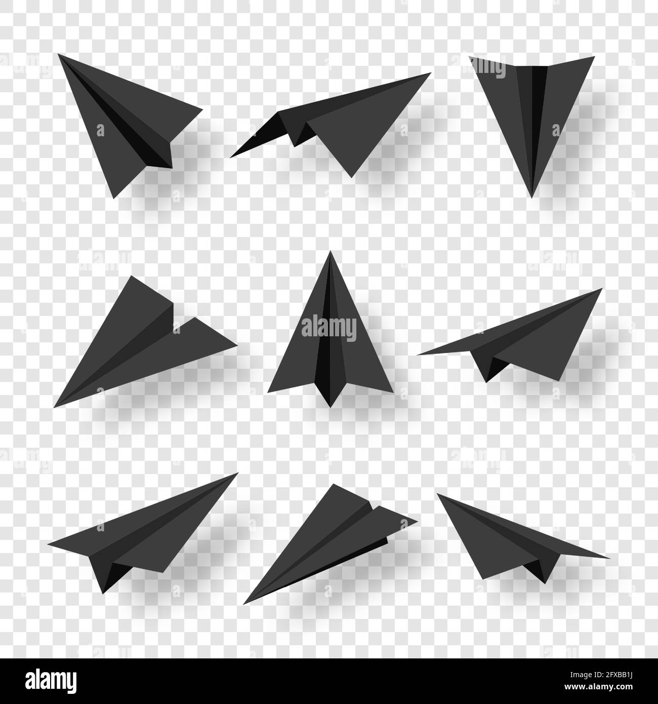Realistic black handmade paper planes isolated on transparent