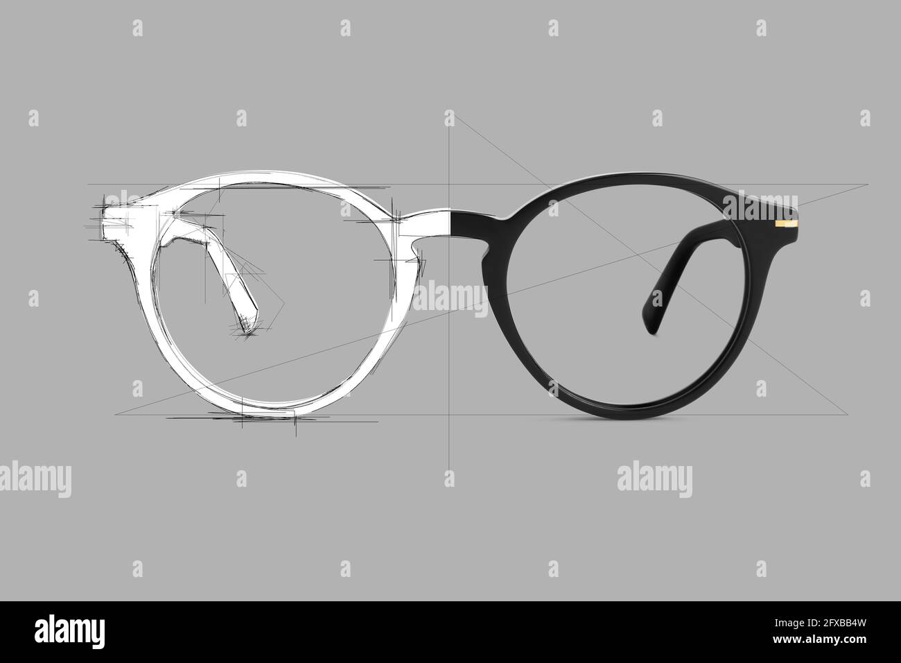 Design sketch draft black color eye glasses isolated on gray background