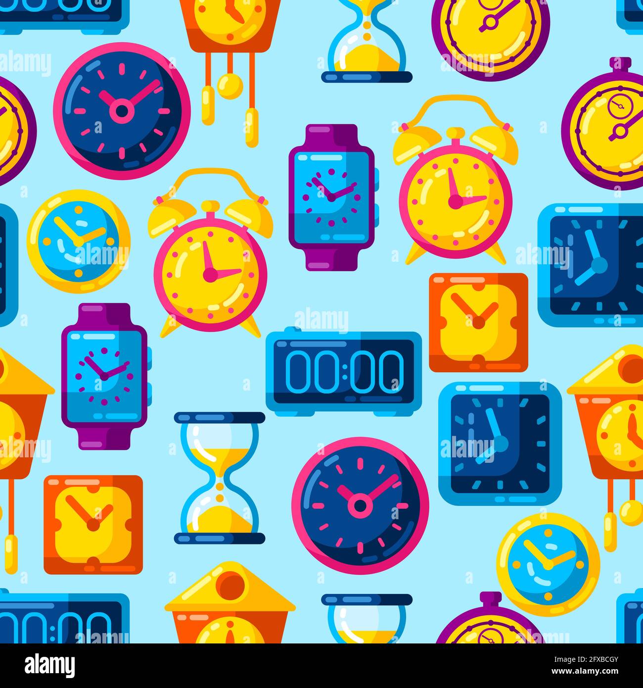 Seamless pattern with different clocks. Stylized icons for design and applications. Stock Vector