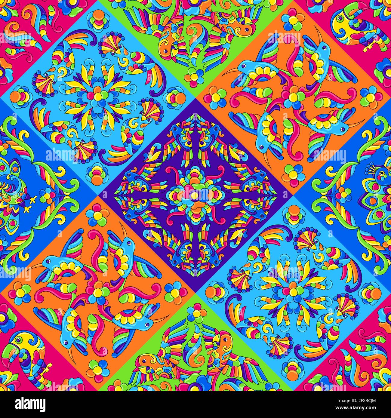 Mexican talavera ceramic tile pattern with tropical birds. Traditional decorative objects. Stock Vector
