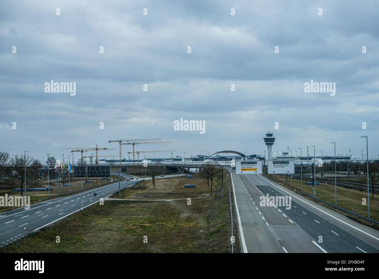 View of Munich Airport Franz Josef Strauß from the city motorway. Stock Photo