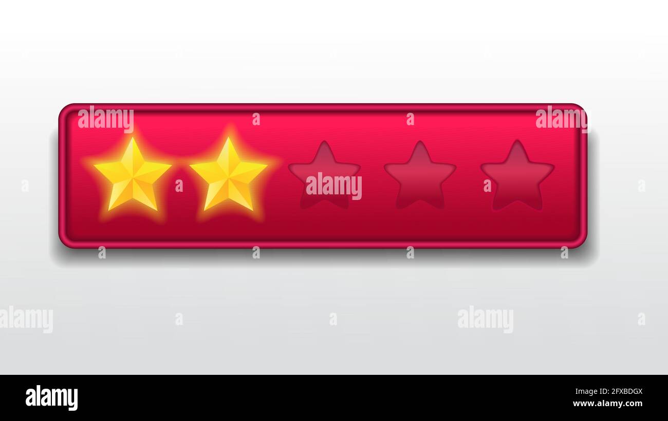 2 (two) stars. Customer feedback rating sytem. realistic shiny gold stars in front of red rectangle modern vector illustration Stock Vector