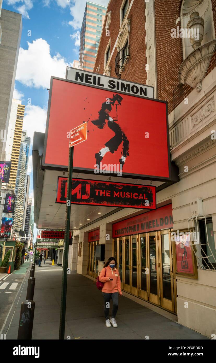 The Neil Simon Theatre in New York is decorated for the imminent production of the Michael Jackson musical on Wednesday, May 12, 2021. Previews are to begin at the theater on December 6, 2021 with Ephraim Sykes in the titular role. (© Richard B. Levine) Stock Photo