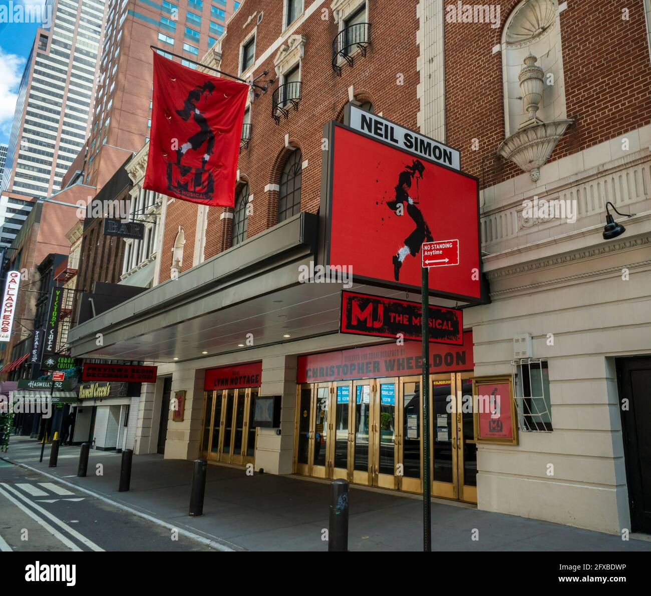 The Neil Simon Theatre in New York is decorated for the imminent production of the Michael Jackson musical on Wednesday, May 12, 2021. Previews are to begin at the theater on December 6, 2021 with Ephraim Sykes in the titular role. (© Richard B. Levine) Stock Photo