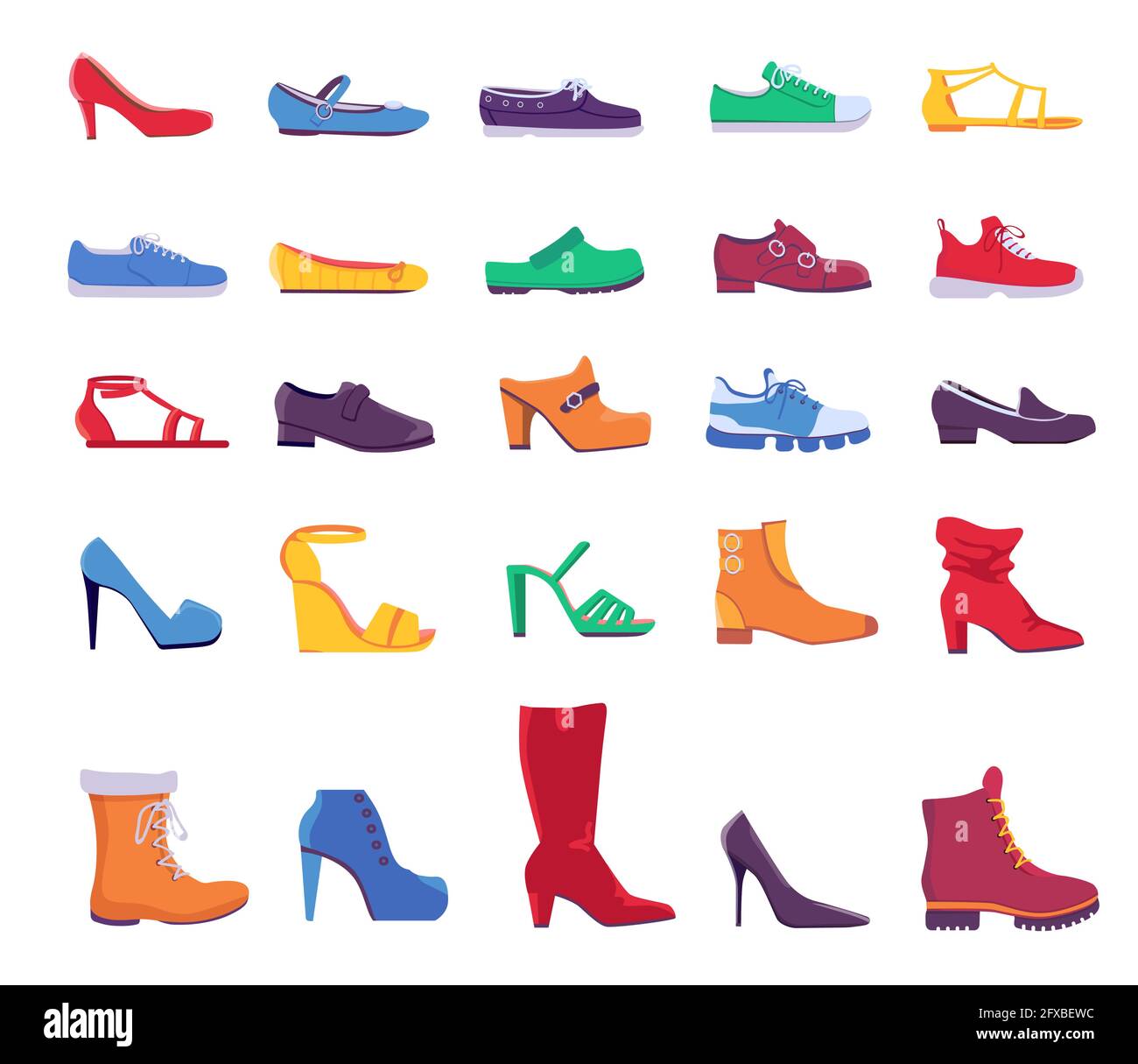 Shoes and boots. Summer and autumn fashion footwear for man or woman. Casual and formal leather shoe, sneakers and pumps, flat vector set Stock Vector