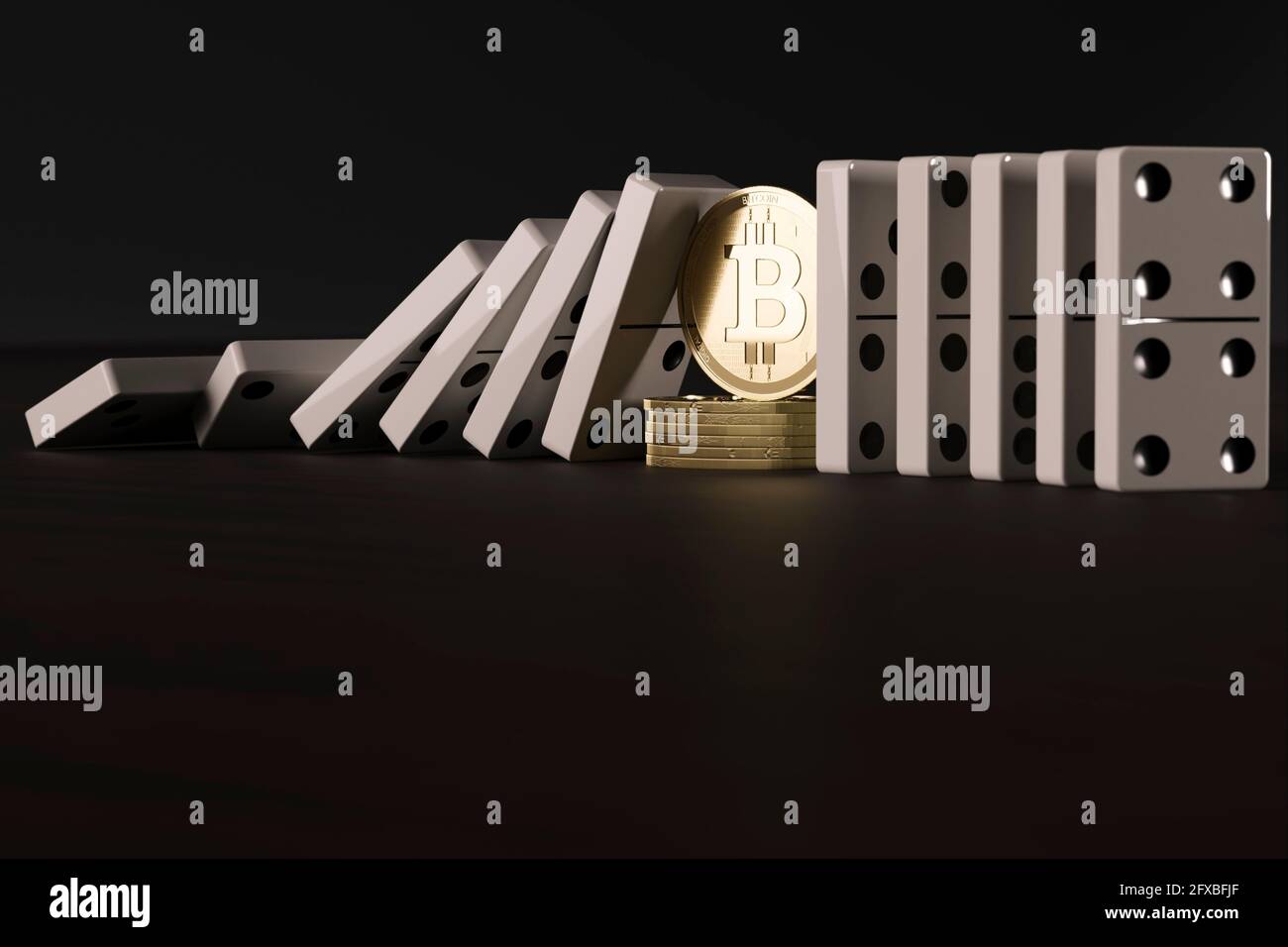 CGI concept of decentralized finance bitcoin stopping aligned domino blocks  from falling Stock Photo - Alamy