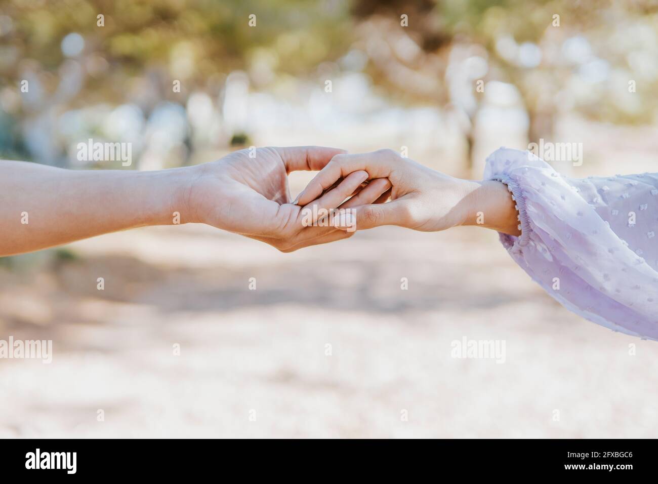 Boyfriend and girlfriend holding hands outdoors Stock Photo