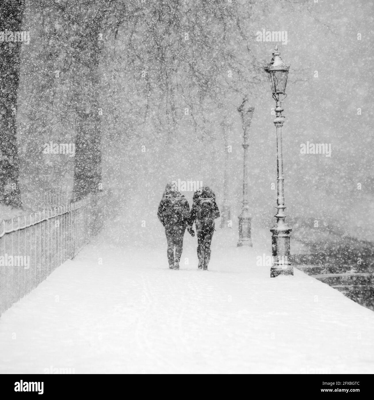 Couple walking together in snow-covered park during heavy snowfall Stock Photo