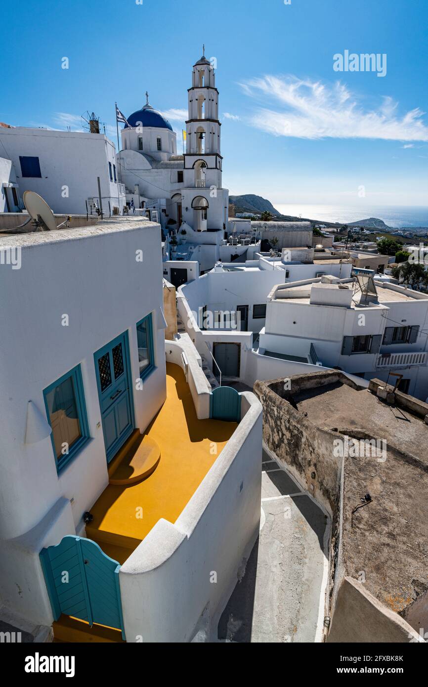Greece, Santorini, Pyrgos, Houses of whitewashed village with church in background Stock Photo
