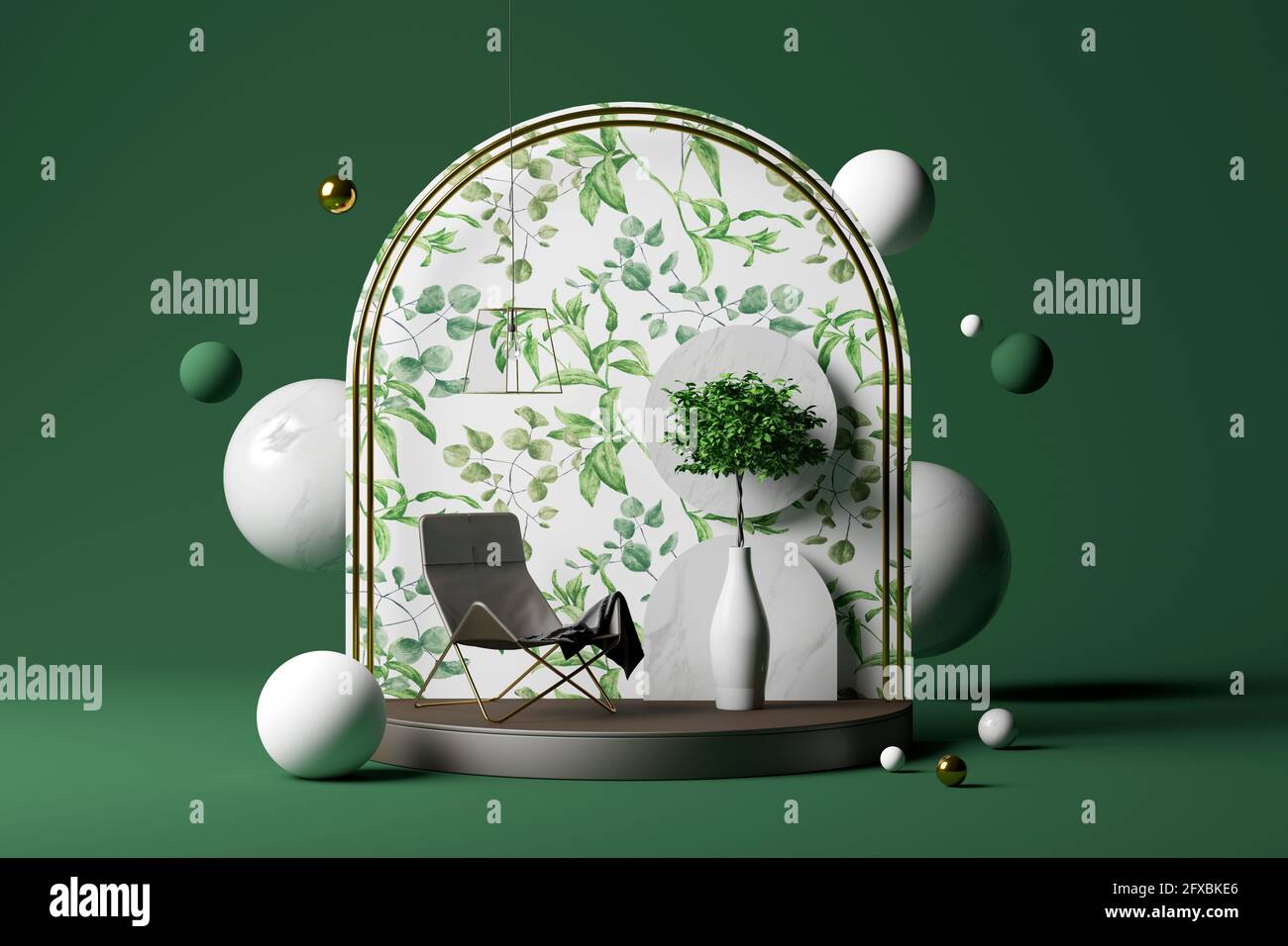 Three dimensional render of potted plant, empty chair and decorative arch on pedestal with various spheres floating behind against green background Stock Photo