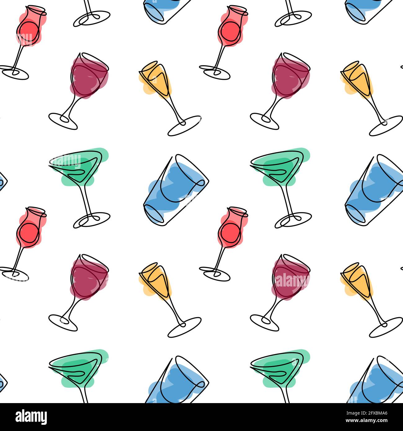 Seamless pattern glasses for cocktail. Doodle outline colorful continuous Stock Vector