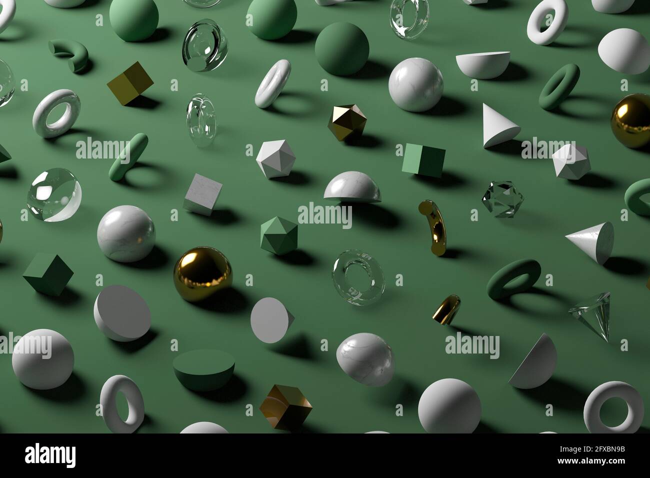Gold, glass, marble geometric shapes against pastel green background Stock Photo