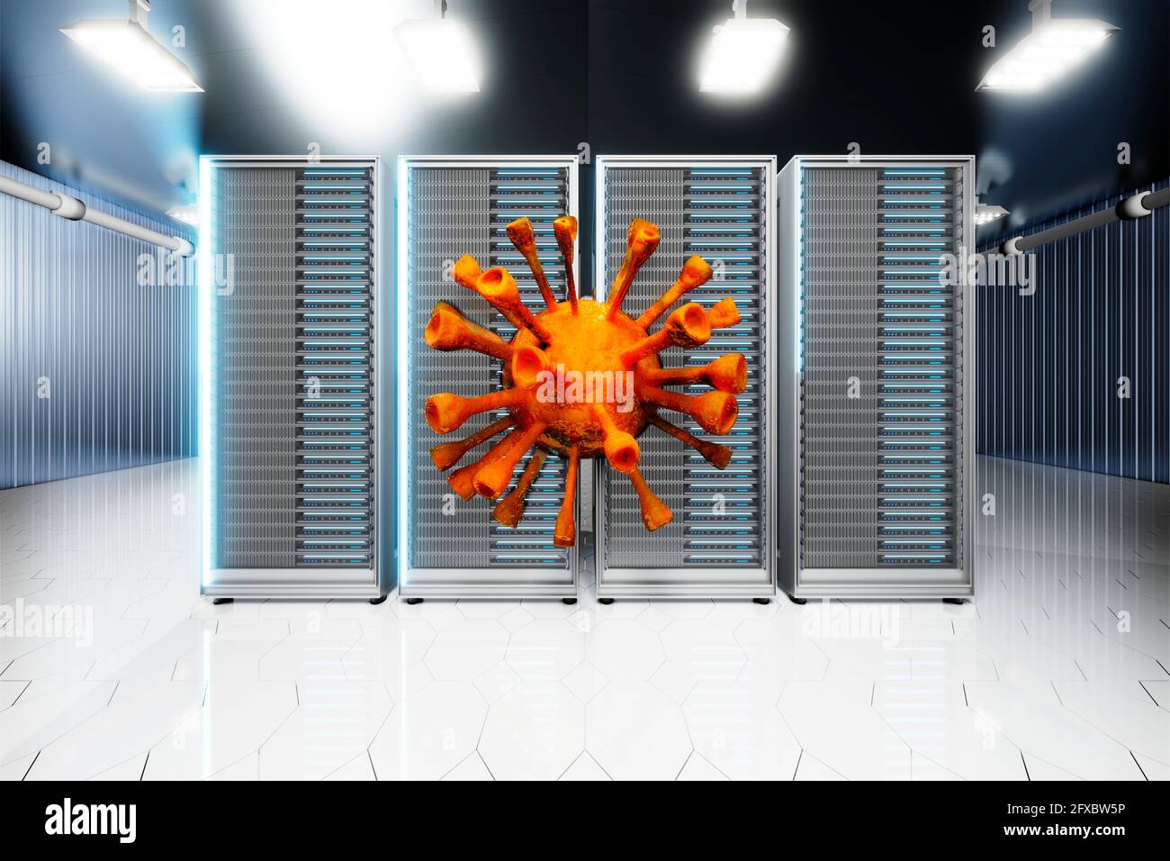 Three dimensional render of virus infecting server racks standing ...
