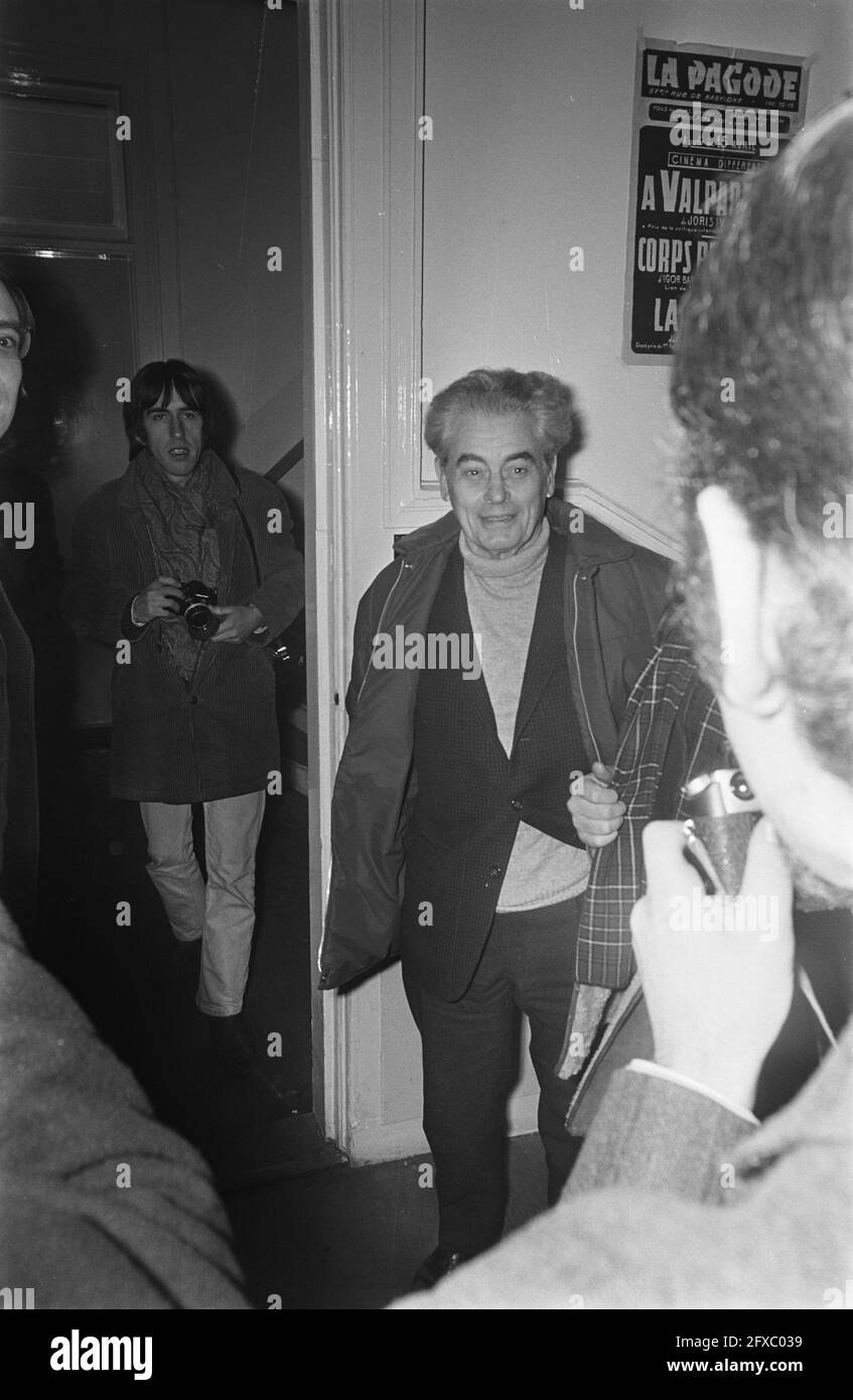 Joris Ivens drinking cup of coffee at Filmakademie No. 2a, Joris Ivens, December 11, 1968, The Netherlands, 20th century press agency photo, news to remember, documentary, historic photography 1945-1990, visual stories, human history of the Twentieth Century, capturing moments in time Stock Photo