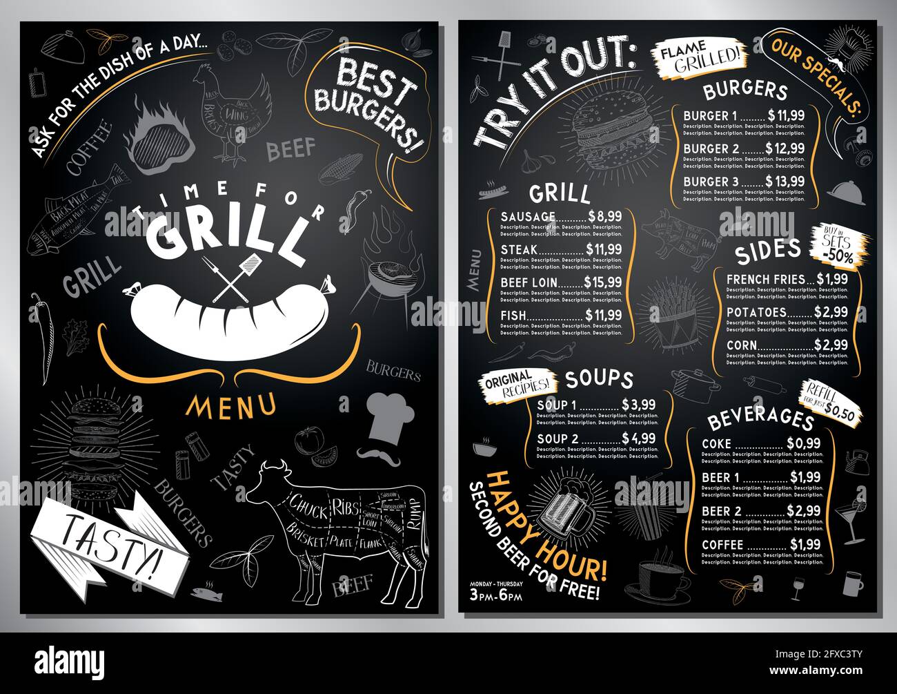 Grill, barbecue menu template A4 card (burgers, grill, sides, soups