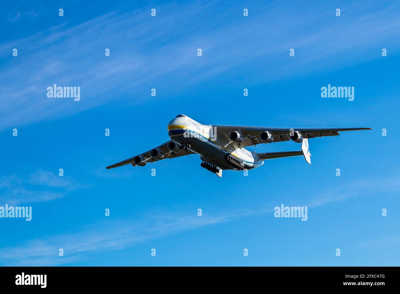 Mirabel, Quebec, Canada - 05 24 2020: The Antonov AN225 landing at Mirabel Intl. airport. Bringing medical supplies during the beginning of the COVID Stock Photo