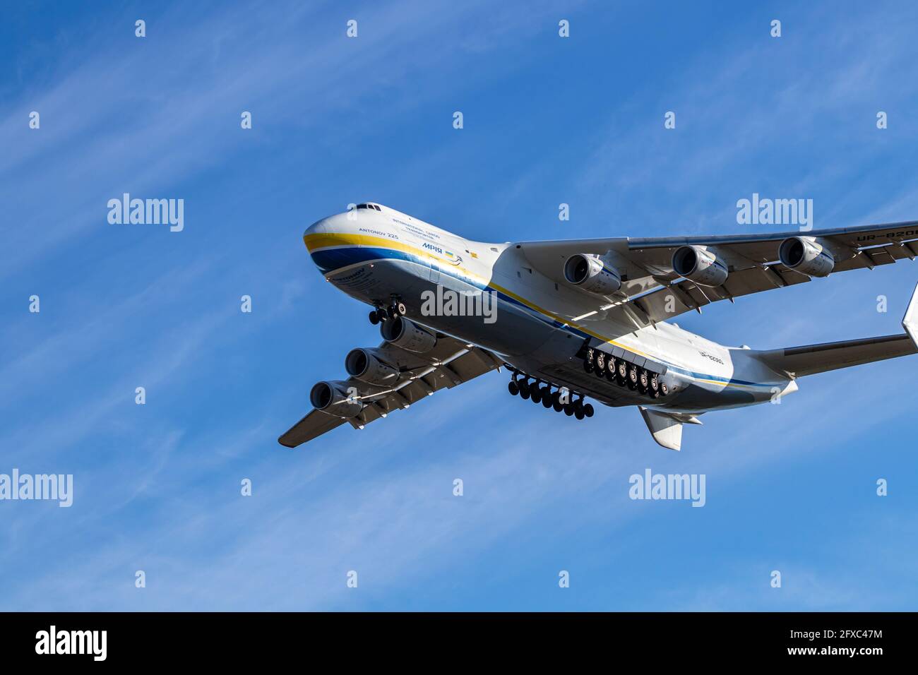 Mirabel, Quebec, Canada - 05 24 2020: The Antonov AN225 landing at Mirabel Intl. airport. Bringing medical supplies during the beginning of the COVID Stock Photo