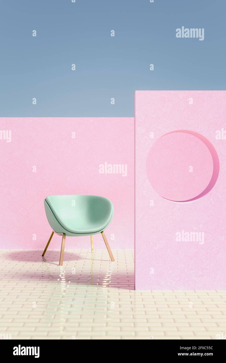 Three dimensional render of circular hole in pink wall surrounding empty chair Stock Photo