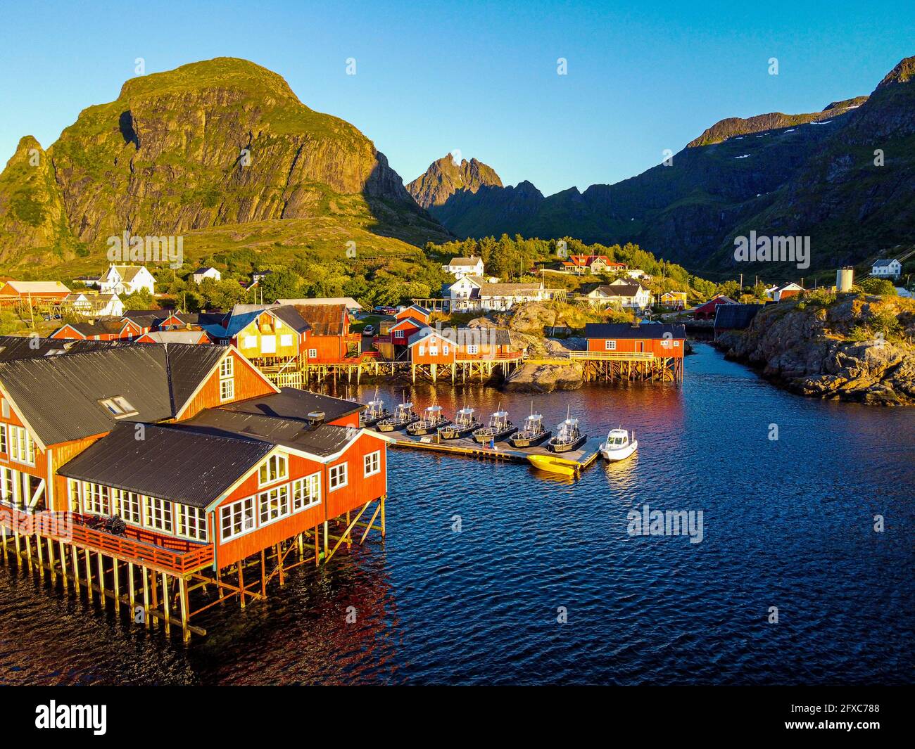 Norway, Nordland, A, Aerial view of fishing village on Moskenesoya island Stock Photo