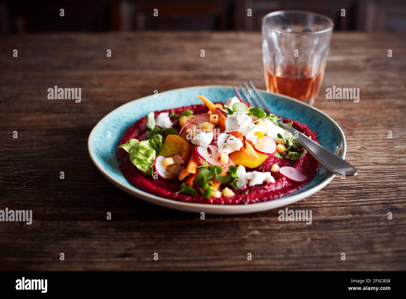 Beetroot puree with goat cheese, lettuce, radishes and pumpkin seeds Stock Photo